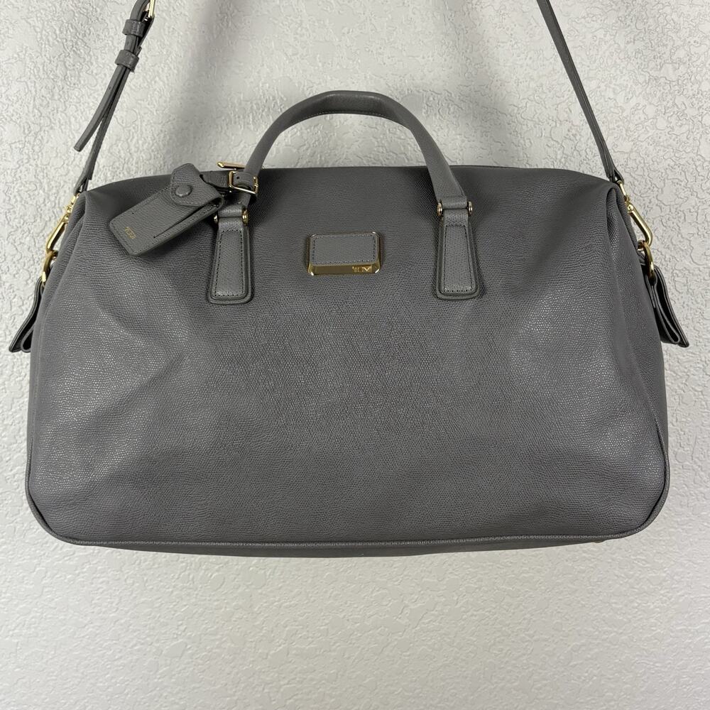 Tumi Gray Leather Weekender Bag with Gold Hardware - Picture 2 of 10